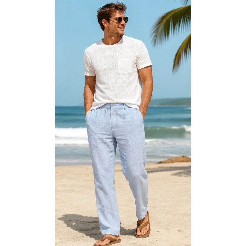 COOFANDY Men's Linen Blend Drawstring Casual Beach Pants Light Blue Size Large